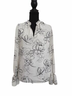 White House Black Market White and Black Floral Ruffle Neck Blouse